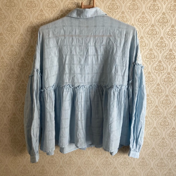 ZARA Sky Blue Gathered Embroidery Top - Picture 3 of 5